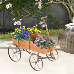Blumenständer Holzwagen Pflanzwagen Blumenwagen mit Rädern aus Metall 62 x 34 x 60 cm Grau/Rot/Braun/Grün/Blau