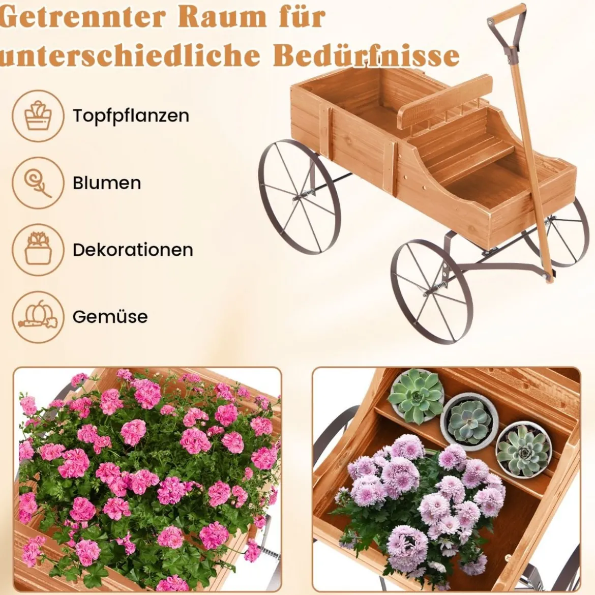 Blumenständer Holzwagen Pflanzwagen Blumenwagen mit Rädern aus Metall 62 x 34 x 60 cm Grau/Rot/Braun/Grün/Blau