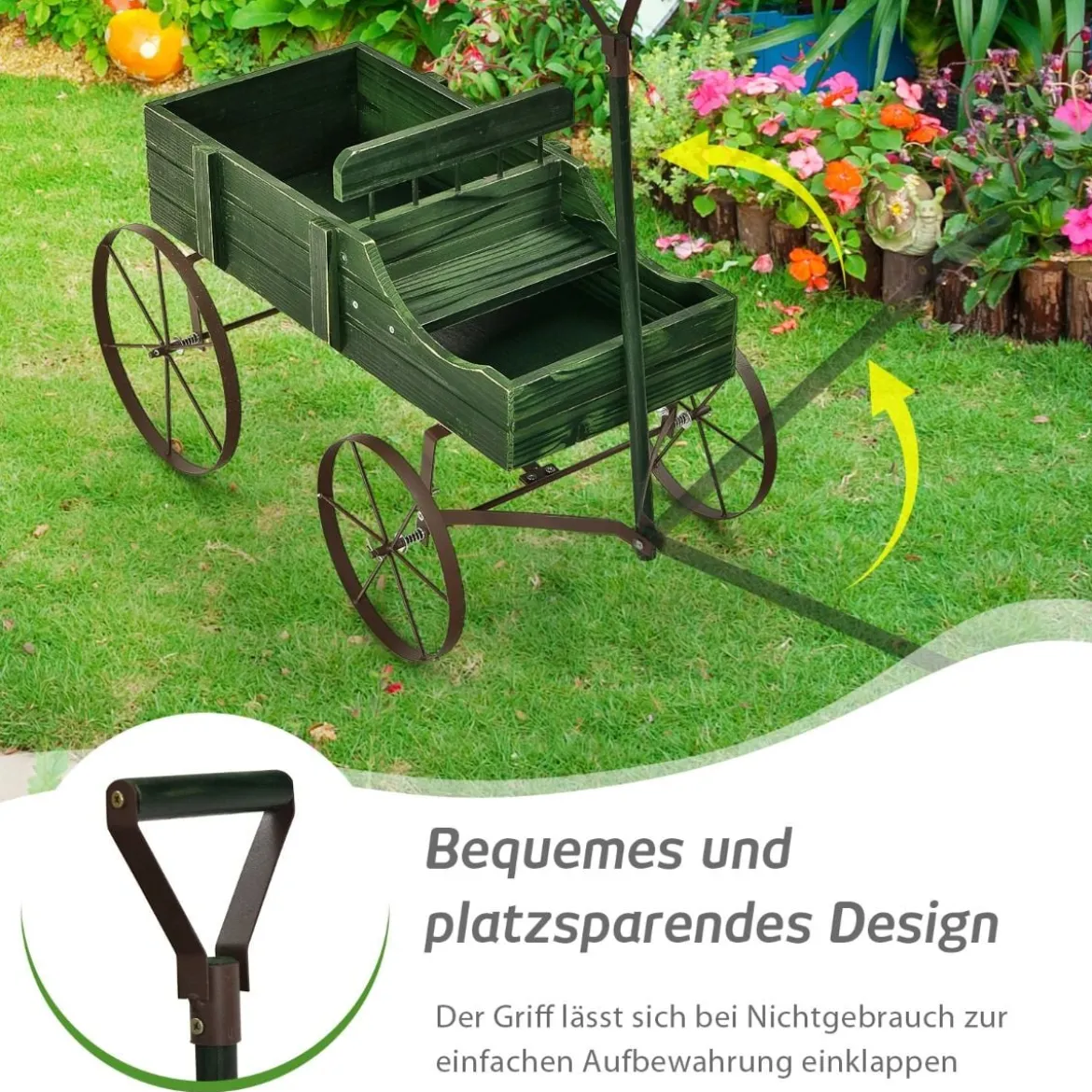 Blumenständer Holzwagen Pflanzwagen Blumenwagen mit Rädern aus Metall 62 x 34 x 60 cm Grau/Rot/Braun/Grün/Blau