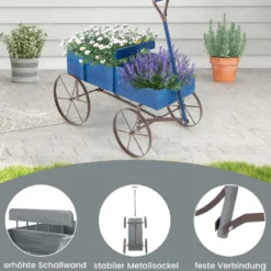 Blumenständer Holzwagen Pflanzwagen Blumenwagen mit Rädern aus Metall 62 x 34 x 60 cm Grau/Rot/Braun/Grün/Blau