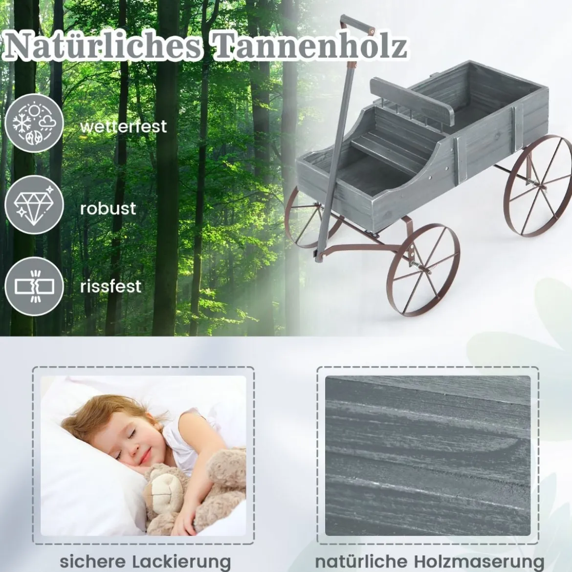 Blumenständer Holzwagen Pflanzwagen Blumenwagen mit Rädern aus Metall 62 x 34 x 60 cm Grau/Rot/Braun/Grün/Blau