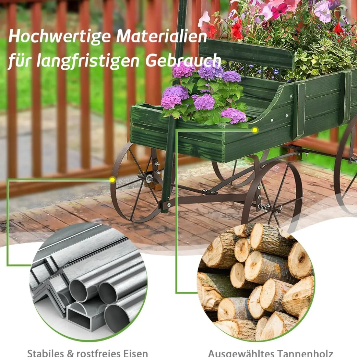 Blumenständer Holzwagen Pflanzwagen Blumenwagen mit Rädern aus Metall 62 x 34 x 60 cm Grau/Rot/Braun/Grün/Blau