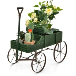 Blumenständer Holzwagen Pflanzwagen Blumenwagen mit Rädern aus Metall 62 x 34 x 60 cm Grau/Rot/Braun/Grün/Blau