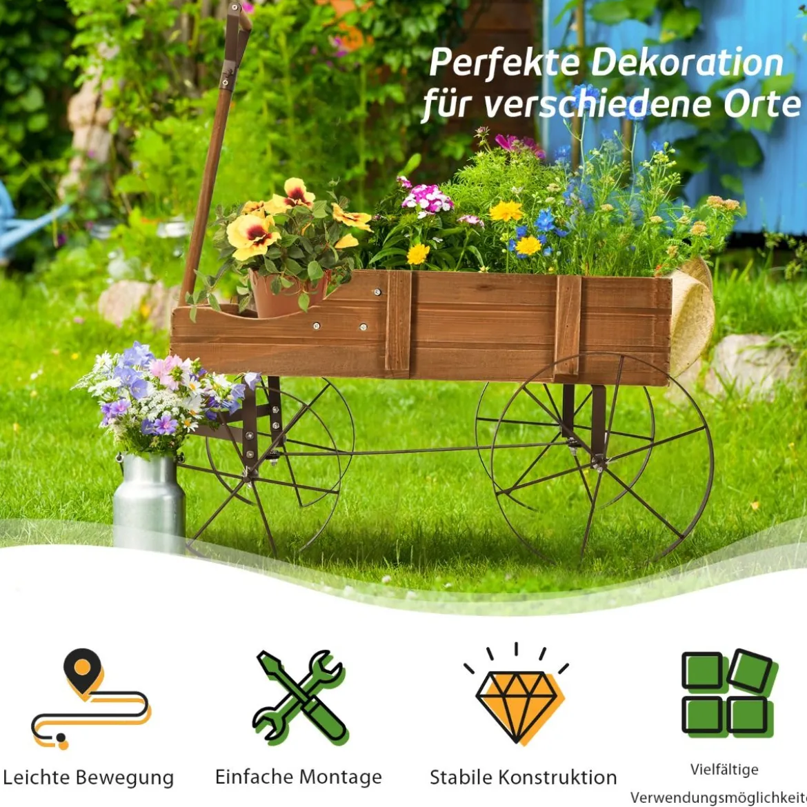 Blumenständer Holzwagen Pflanzwagen Blumenwagen mit Rädern aus Metall 62 x 34 x 60 cm Grau/Rot/Braun/Grün/Blau