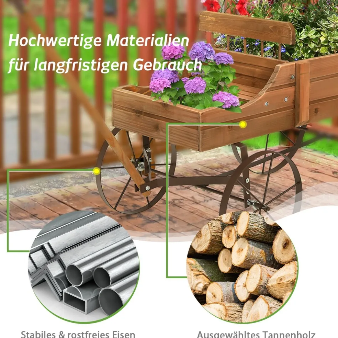 Blumenständer Holzwagen Pflanzwagen Blumenwagen mit Rädern aus Metall 62 x 34 x 60 cm Grau/Rot/Braun/Grün/Blau