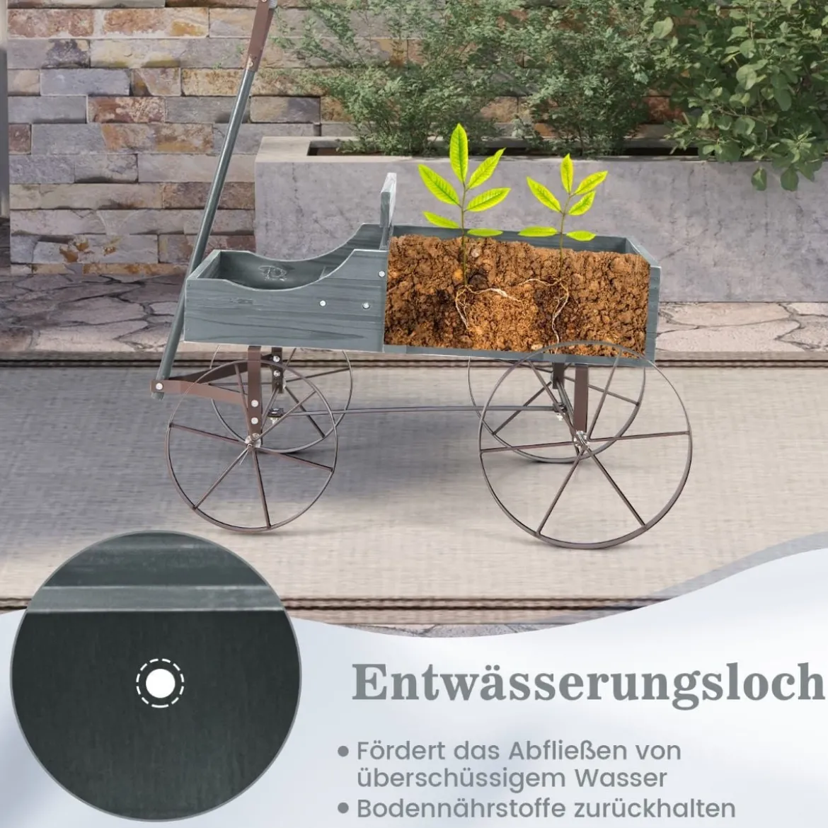 Blumenständer Holzwagen Pflanzwagen Blumenwagen mit Rädern aus Metall 62 x 34 x 60 cm Grau/Rot/Braun/Grün/Blau