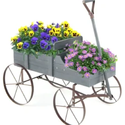 Blumenständer Holzwagen Pflanzwagen Blumenwagen mit Rädern aus Metall 62 x 34 x 60 cm Grau/Rot/Braun/Grün/Blau