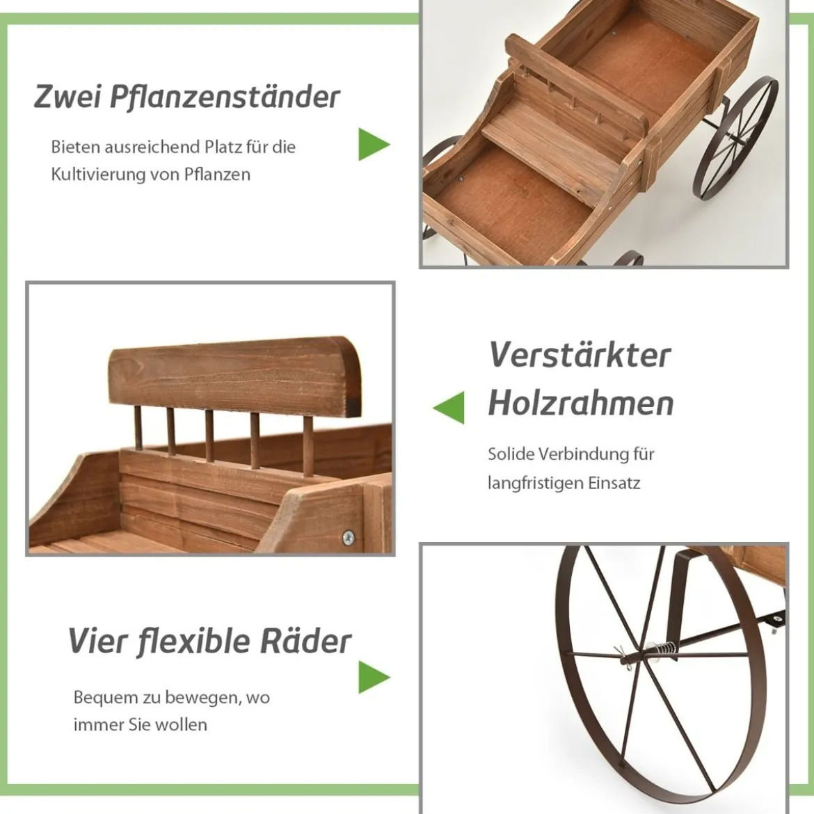 Blumenständer Holzwagen Pflanzwagen Blumenwagen mit Rädern aus Metall 62 x 34 x 60 cm Grau/Rot/Braun/Grün/Blau
