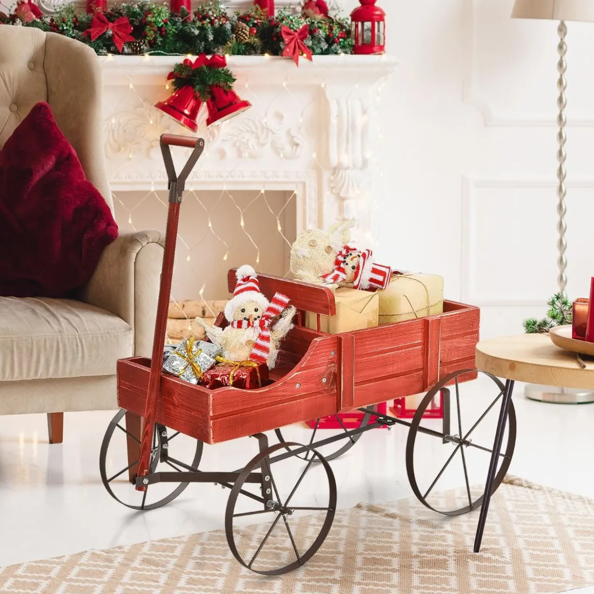 Blumenständer Holzwagen Pflanzwagen Blumenwagen mit Rädern aus Metall 62 x 34 x 60 cm Grau/Rot/Braun/Grün/Blau