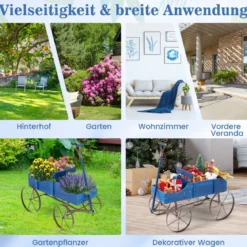 Blumenständer Holzwagen Pflanzwagen Blumenwagen mit Rädern aus Metall 62 x 34 x 60 cm Grau/Rot/Braun/Grün/Blau