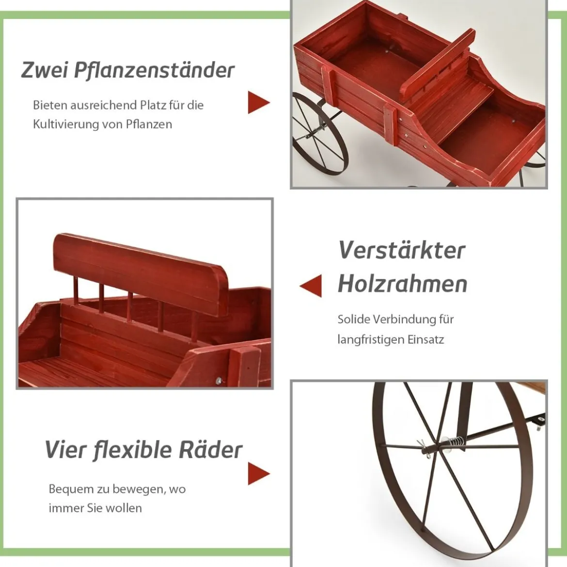 Blumenständer Holzwagen Pflanzwagen Blumenwagen mit Rädern aus Metall 62 x 34 x 60 cm Grau/Rot/Braun/Grün/Blau
