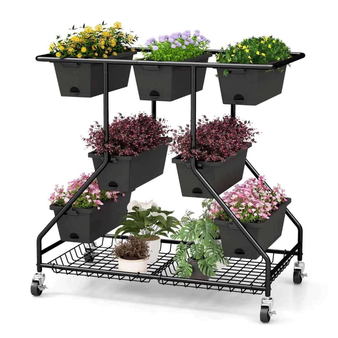 Blumenständer mit Blumenkästen Blumentreppe mit Rollen 100 x 56 x 99 cm Schwarz