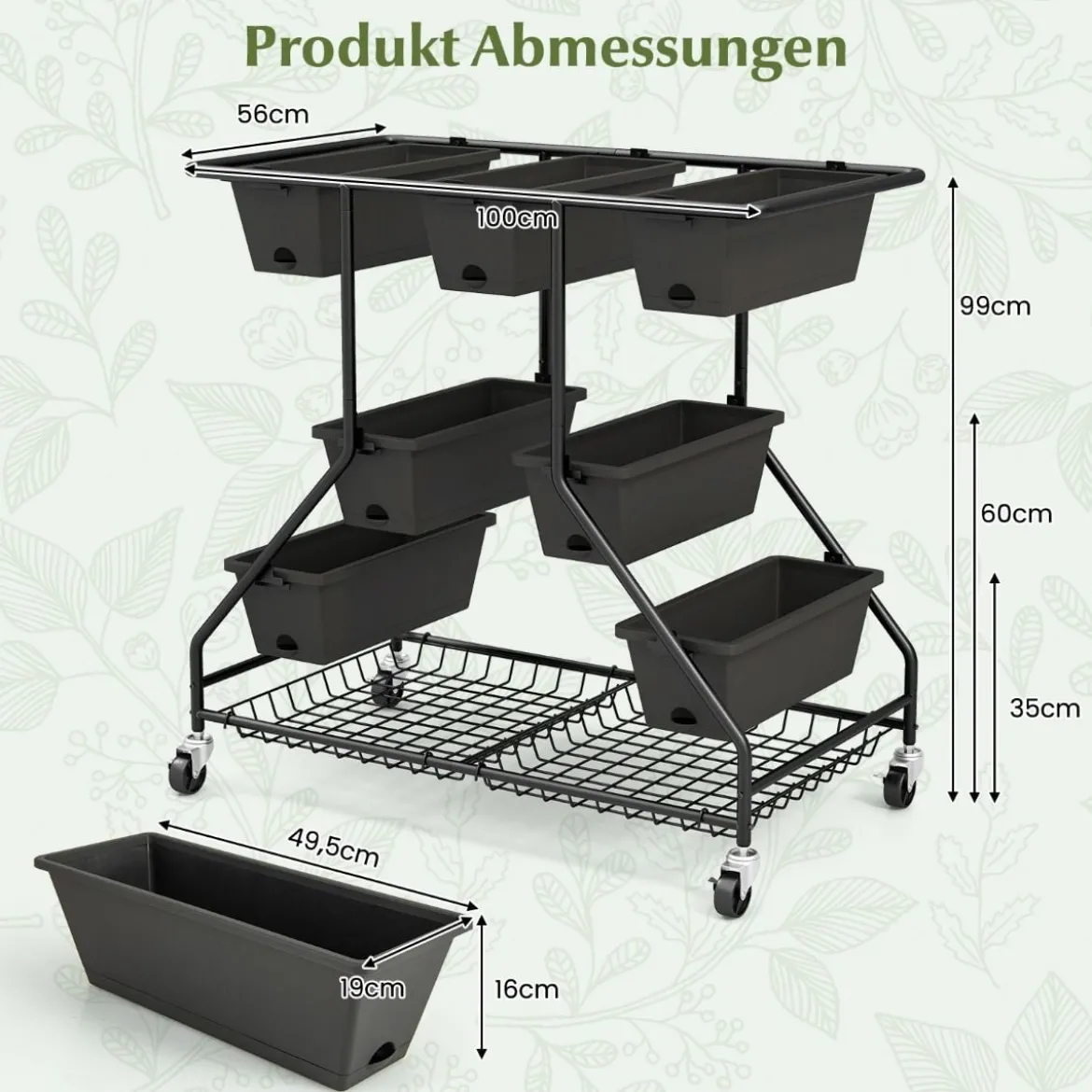 Blumenständer mit Blumenkästen Blumentreppe mit Rollen 100 x 56 x 99 cm Schwarz