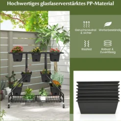 Blumenständer mit Blumenkästen Blumentreppe mit Rollen 100 x 56 x 99 cm Schwarz