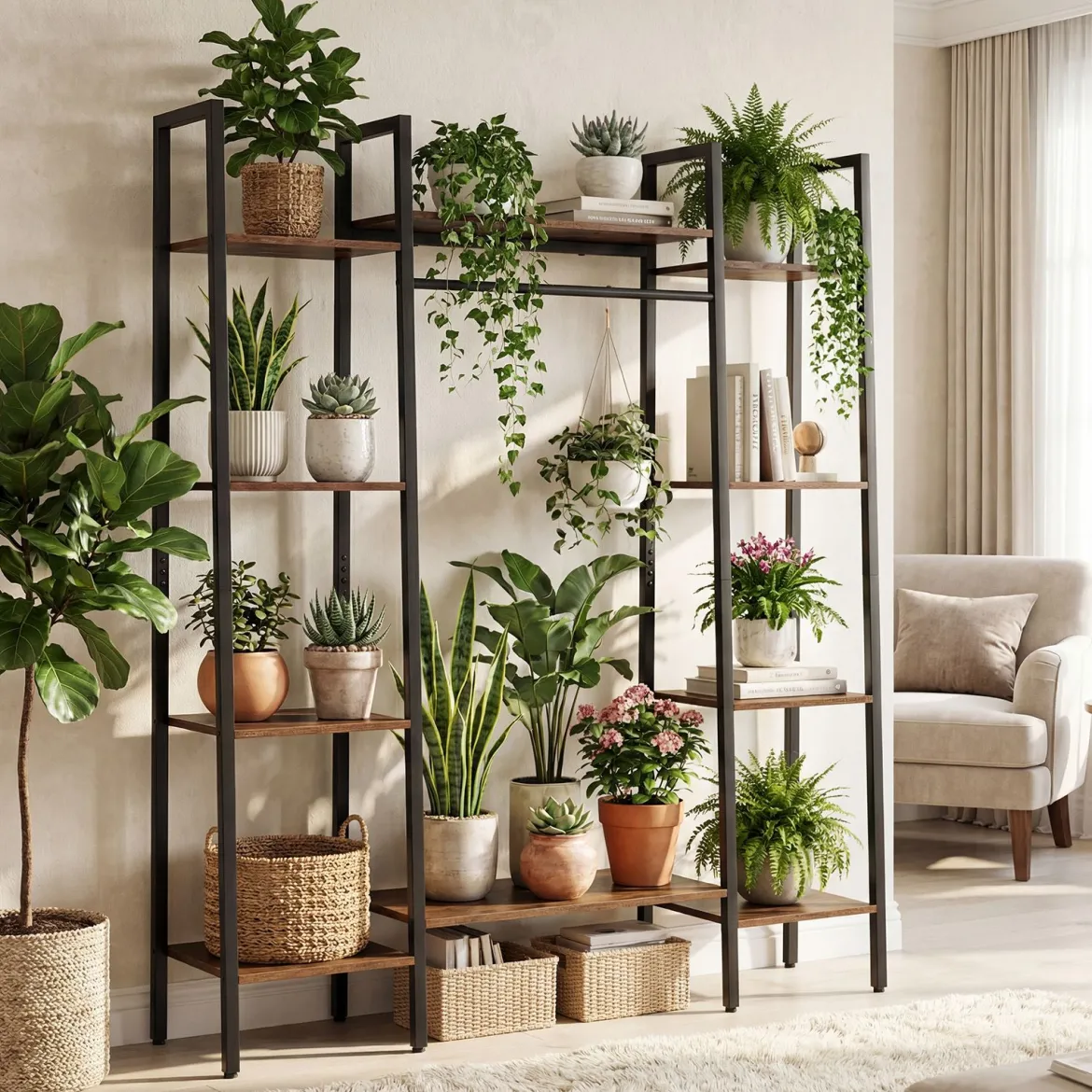 Blumenständer mit Wachstumslicht aus Holz & Metall 10 Ebenen Pflanzenständer Pflanzenregal