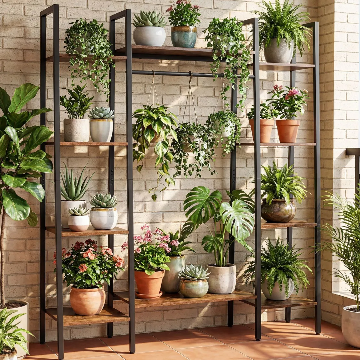 Blumenständer mit Wachstumslicht aus Holz & Metall 10 Ebenen Pflanzenständer Pflanzenregal