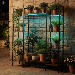 Blumenständer mit Wachstumslicht aus Holz & Metall 10 Ebenen Pflanzenständer Pflanzenregal