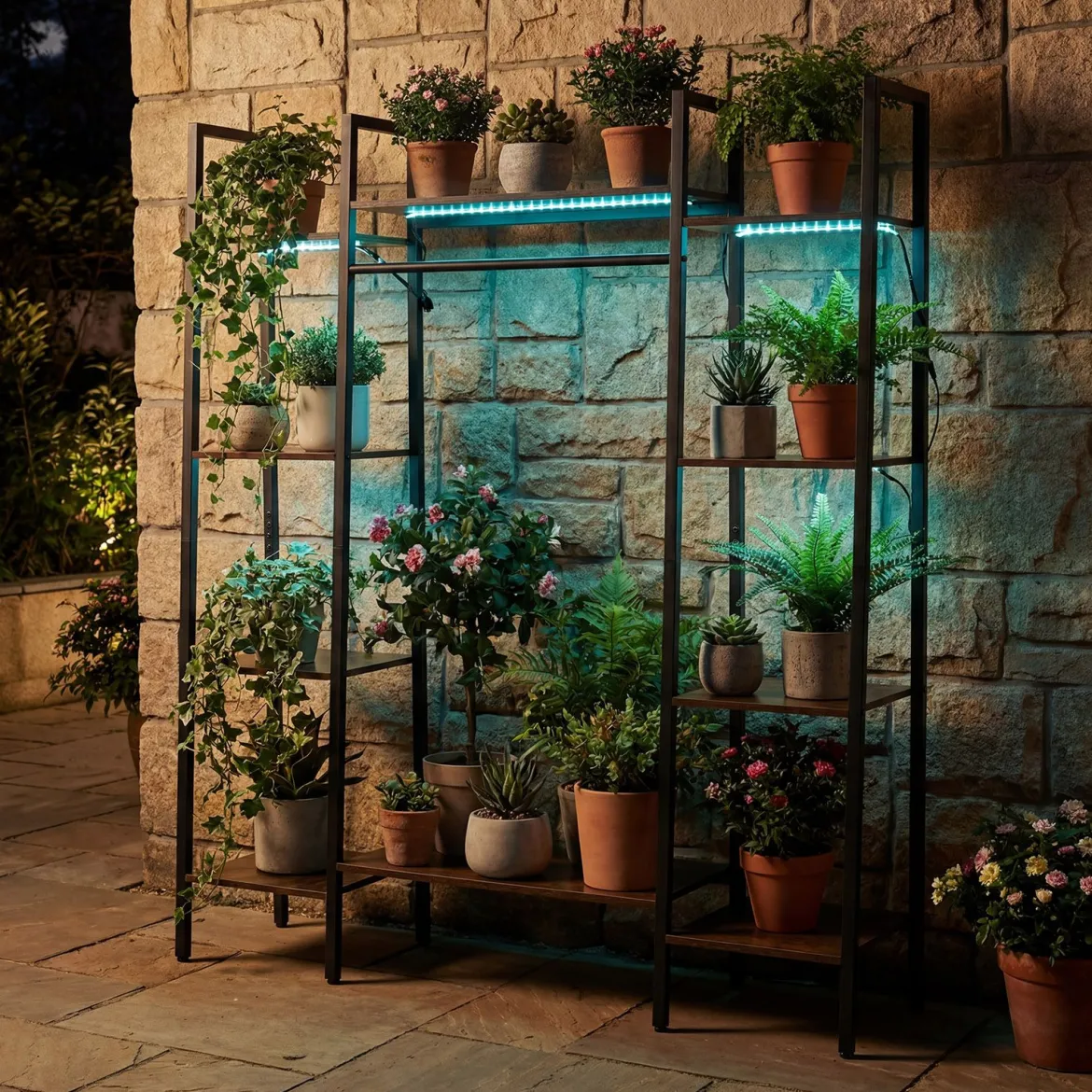 Blumenständer mit Wachstumslicht aus Holz & Metall 10 Ebenen Pflanzenständer Pflanzenregal