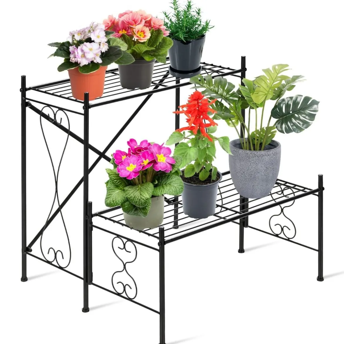 Blumentopfhalter 2-Stöckiger Metall-Pflanzenständer 60 x 60 x 60,5 cm Schwarz