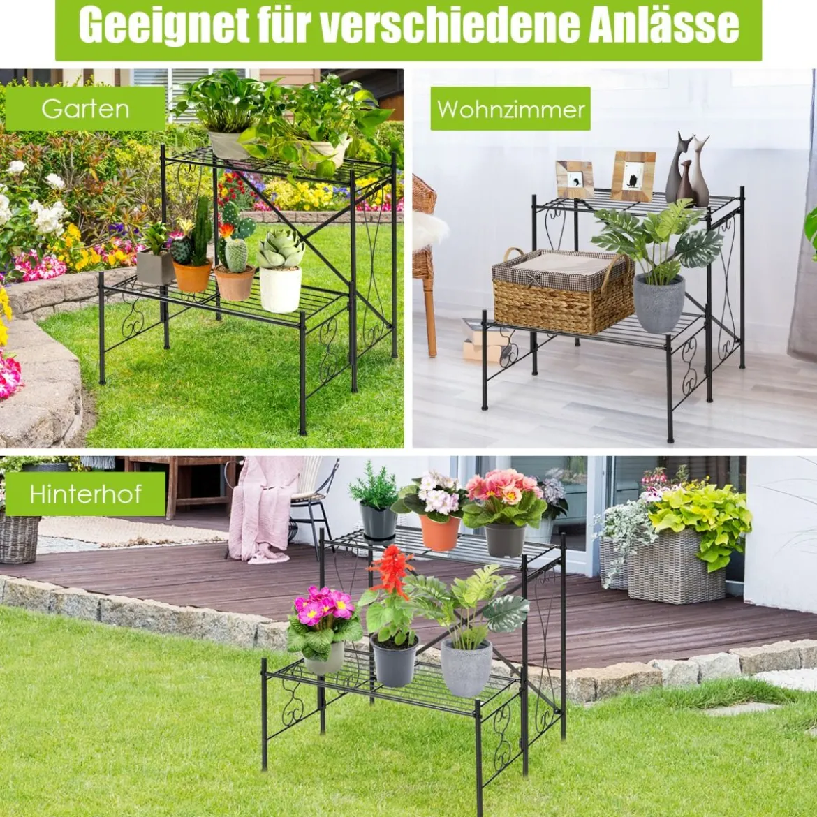 Blumentopfhalter 2-Stöckiger Metall-Pflanzenständer 60 x 60 x 60,5 cm Schwarz