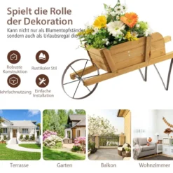 Blumenwagen Blumenschubkarre für den Innen- und Außenbereich 69,5 x 26 x 29,5 cm Walnuss