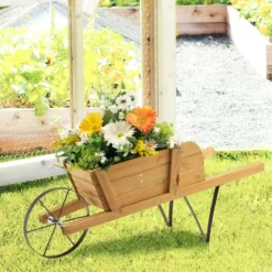 Blumenwagen Blumenschubkarre für den Innen- und Außenbereich 69,5 x 26 x 29,5 cm Walnuss