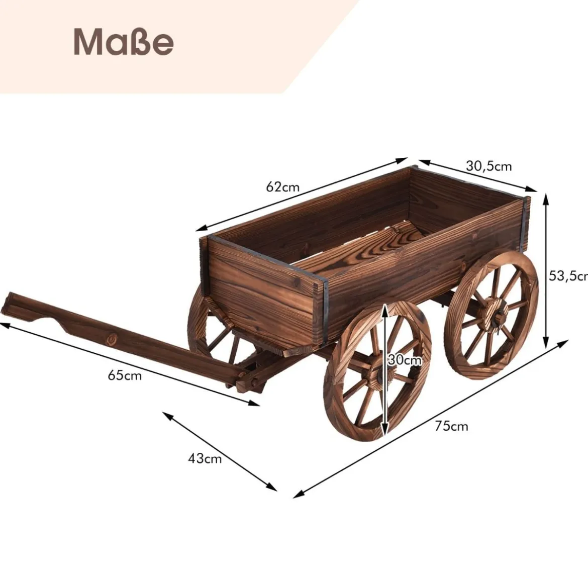 Blumenwagen Holz Pflanzwagen mit 4 Rädern Blumenkarre 120 x 43x 53,5 cm Braun