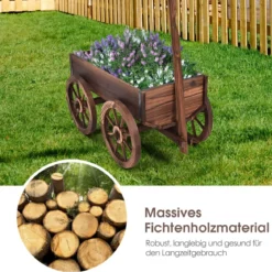 Blumenwagen Holz Pflanzwagen mit 4 Rädern Blumenkarre 120 x 43x 53,5 cm Braun