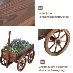 Blumenwagen Holz Pflanzwagen mit 4 Rädern Blumenkarre 120 x 43x 53,5 cm Braun