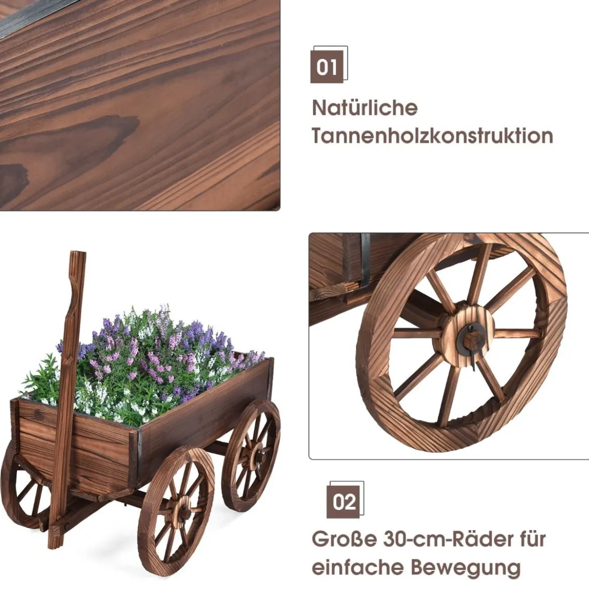 Blumenwagen Holz Pflanzwagen mit 4 Rädern Blumenkarre 120 x 43x 53,5 cm Braun
