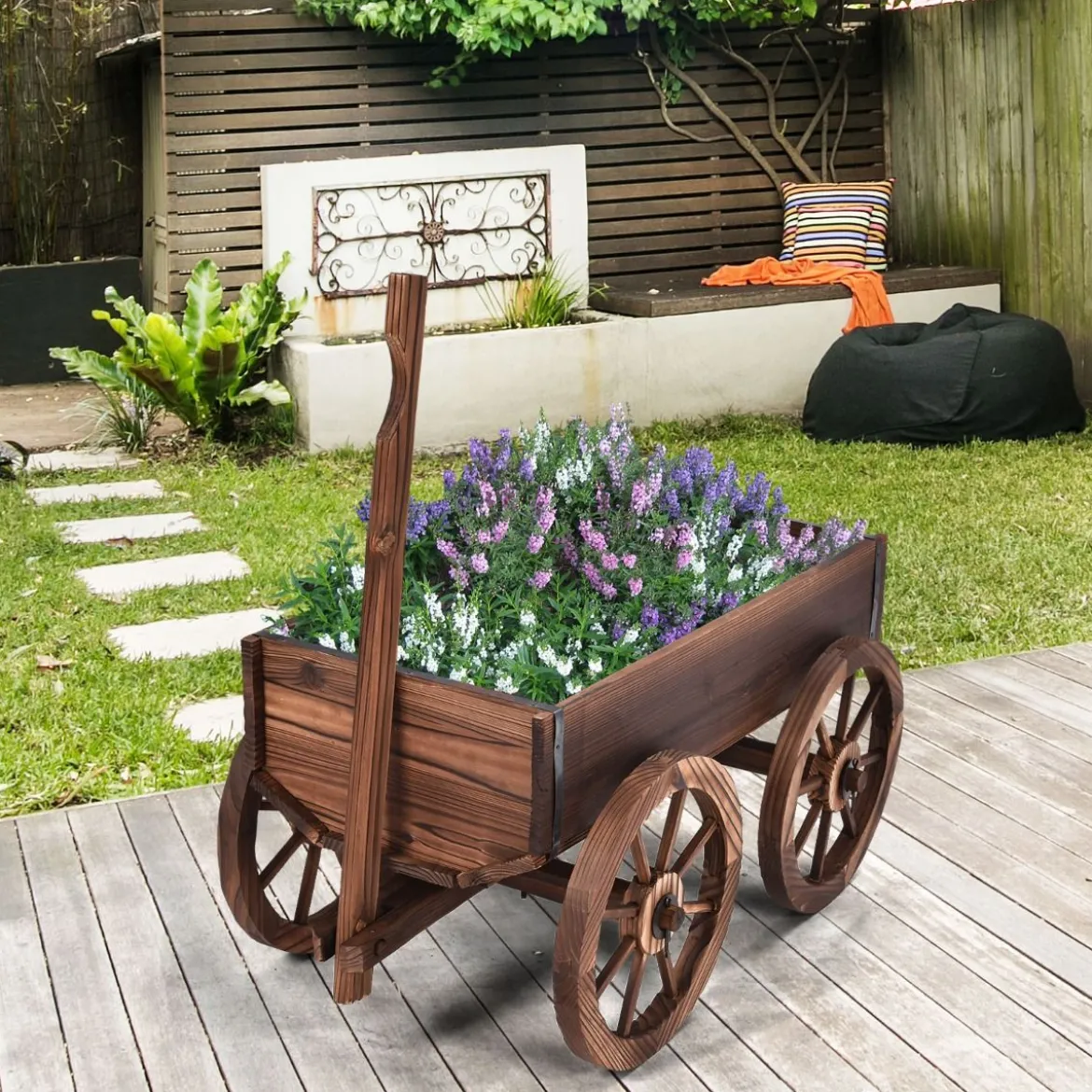 Blumenwagen Holz Pflanzwagen mit 4 Rädern Blumenkarre 120 x 43x 53,5 cm Braun