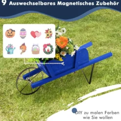 Blumenwagen mit 9 Magnetischen Zubehörteilen & 1 Eisenrad & 2 Griffen Pflanzwagen Blumenkarre Blau