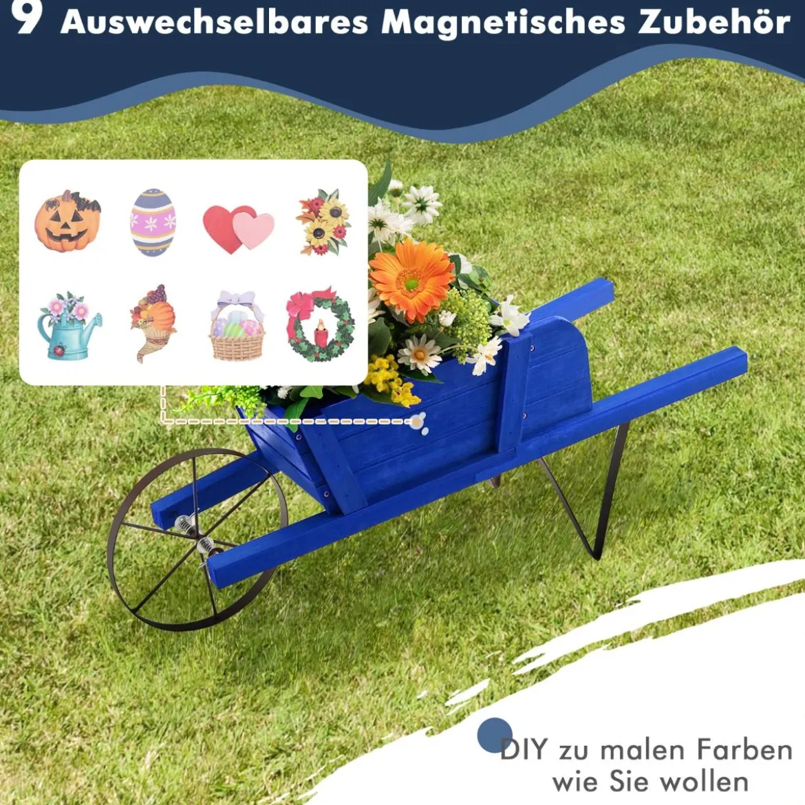 Blumenwagen mit 9 Magnetischen Zubehörteilen & 1 Eisenrad & 2 Griffen Pflanzwagen Blumenkarre Blau