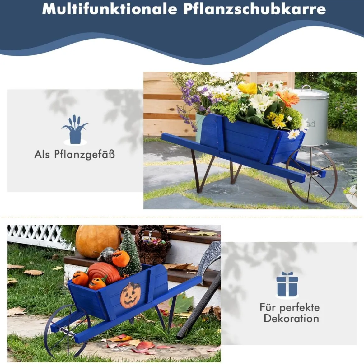 Blumenwagen mit 9 Magnetischen Zubehörteilen & 1 Eisenrad & 2 Griffen Pflanzwagen Blumenkarre Blau