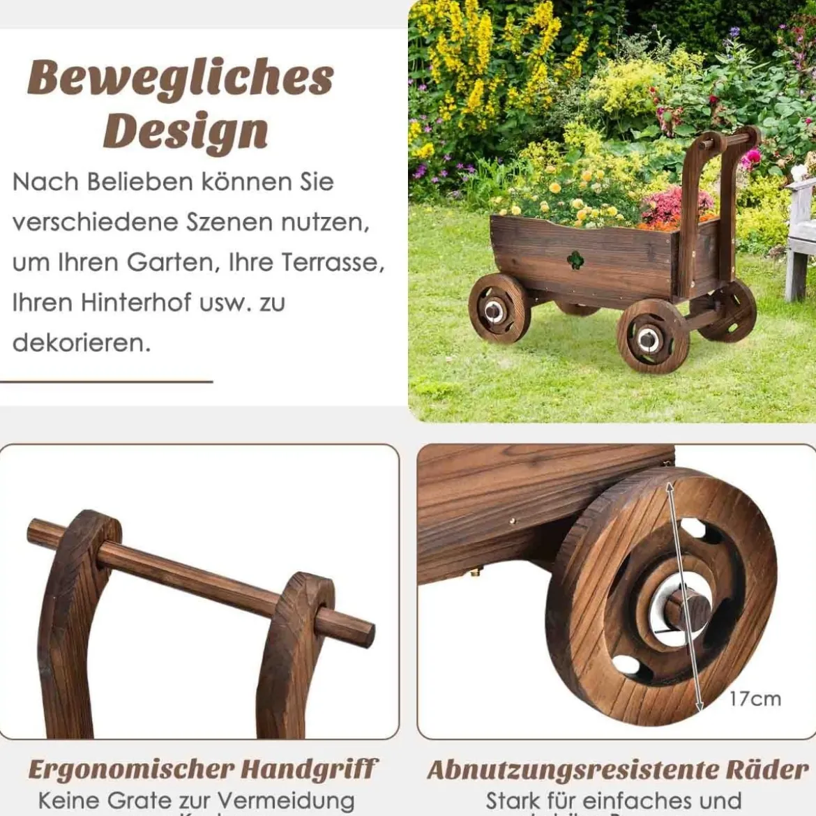 Blumenwagen Pflanzkasten aus Holz mit Rädern 68 x 38,5 x 53,5 cm Braun