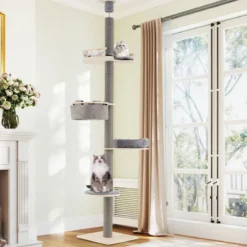 Boden bis Decke Kratzbaum mit 236-271 cm verstellbarer Höhe 5-stufiger Katzenkratzbaum mit Plattform Grau