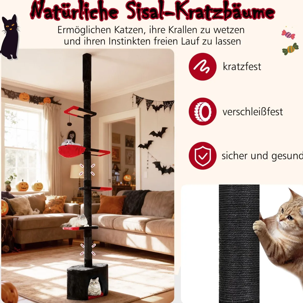 Boden bis Decken Katzenbaum 245-300 cm verstellbar 5-stöckiger Kratzbaum mit Katzenhöhle Schwarz