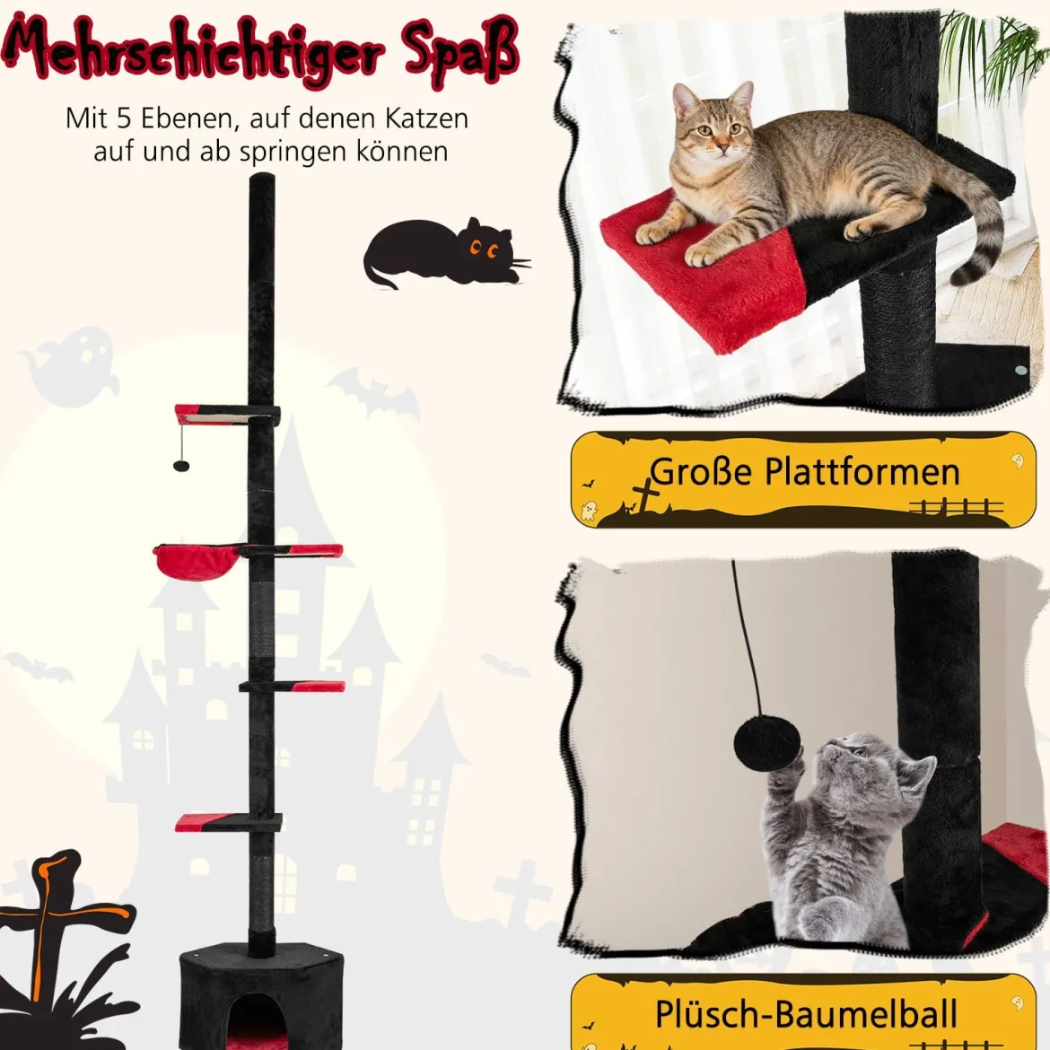 Boden bis Decken Katzenbaum 245-300 cm verstellbar 5-stöckiger Kratzbaum mit Katzenhöhle Schwarz