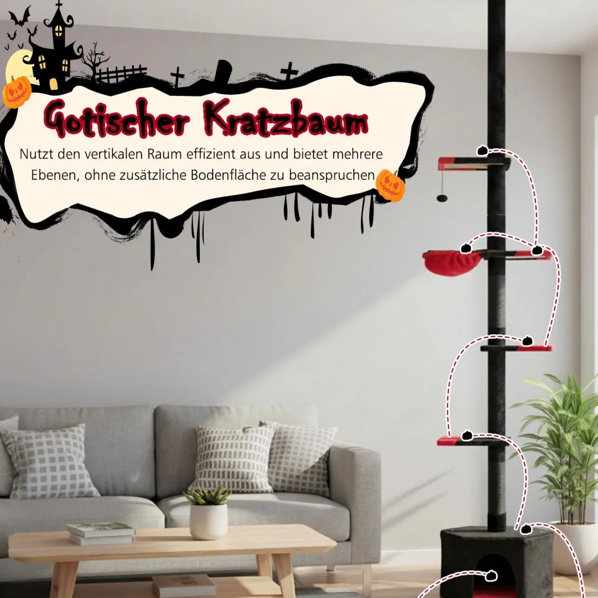 Boden bis Decken Katzenbaum 245-300 cm verstellbar 5-stöckiger Kratzbaum mit Katzenhöhle Schwarz