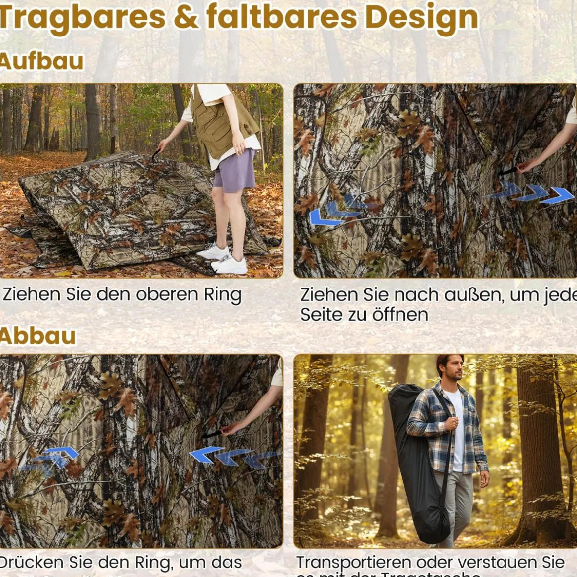 Boden-Blind Tragbares Jagdzelt für 4 Personen mit Geräuschfreien Fenstern Popup-Tarnzelt