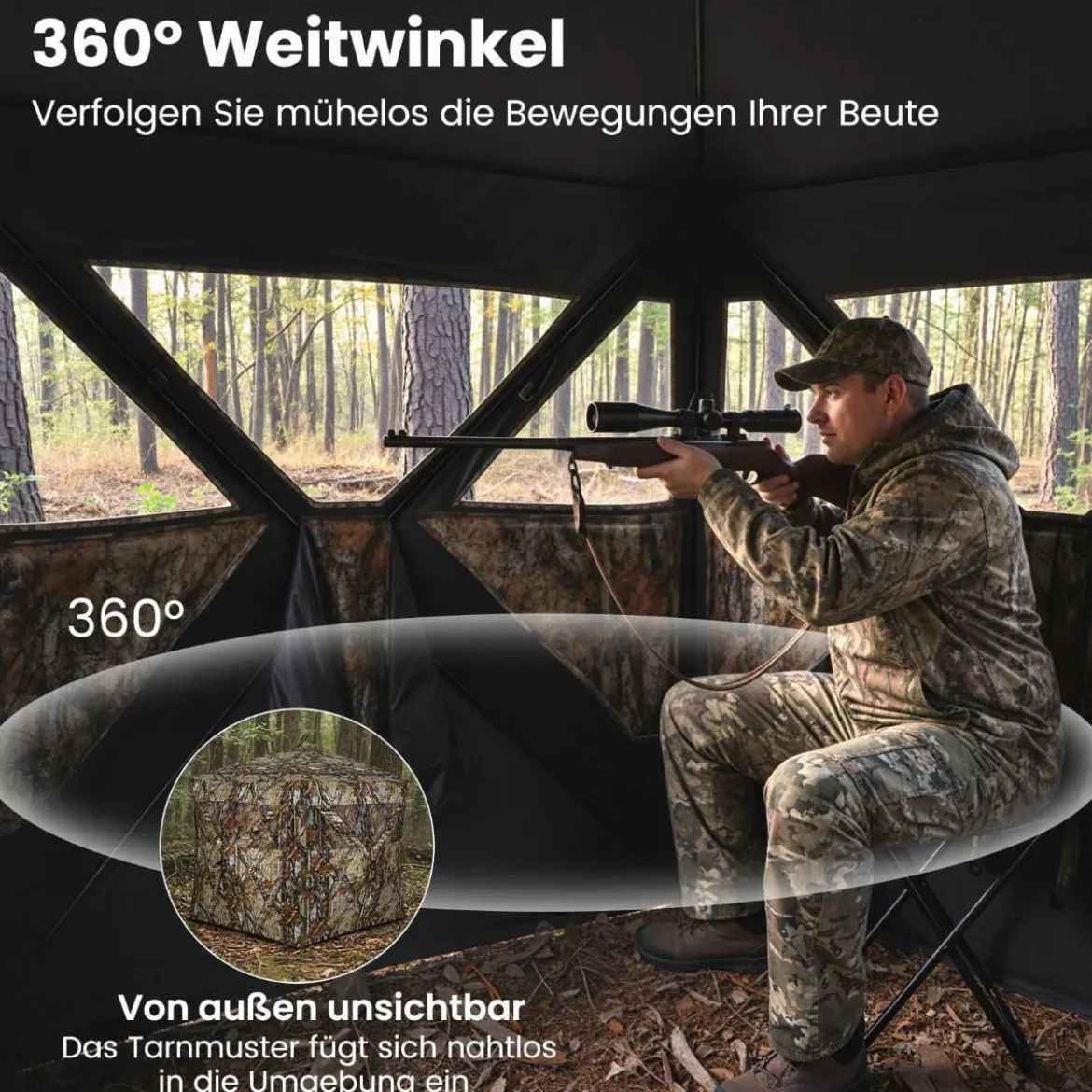 Boden-Blind Tragbares Jagdzelt für 4 Personen mit Geräuschfreien Fenstern Popup-Tarnzelt