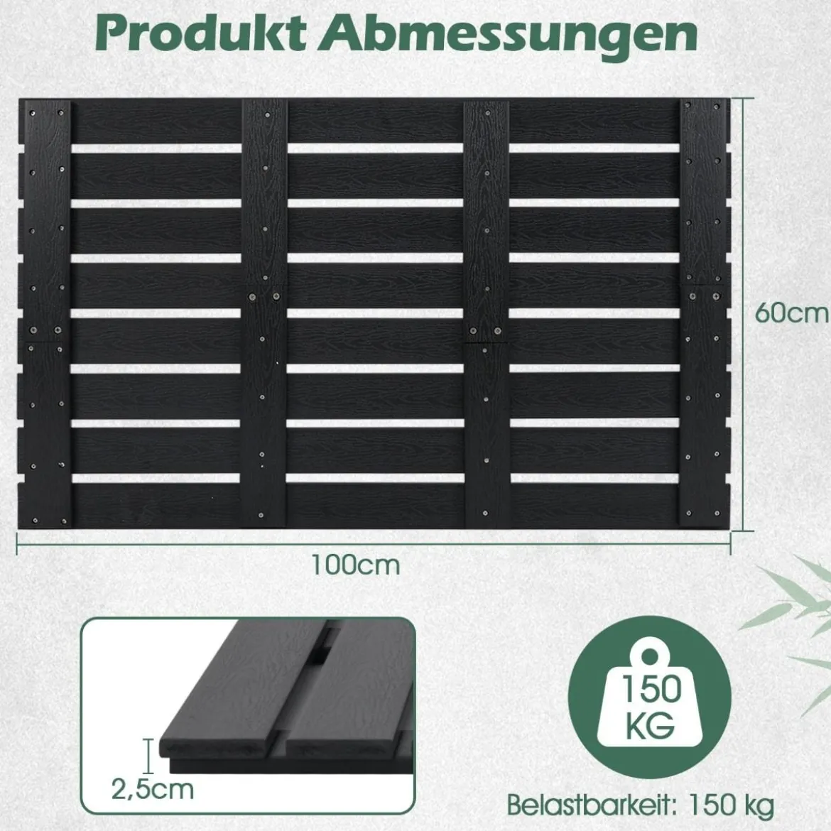 Bodenelement für Solardusche 100 x 60 x 2,5 cm + 60L Solardusche inkl. Abdeckung Schwarz Set