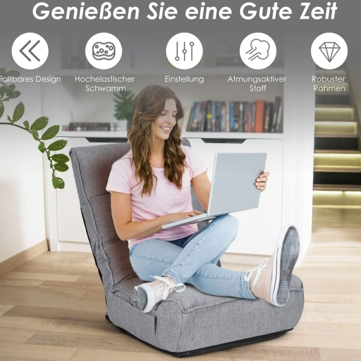 Boden-Klappstuhl 4-Fach Verstellbares Gaming-Bodensofa mitRückenlehne Grau