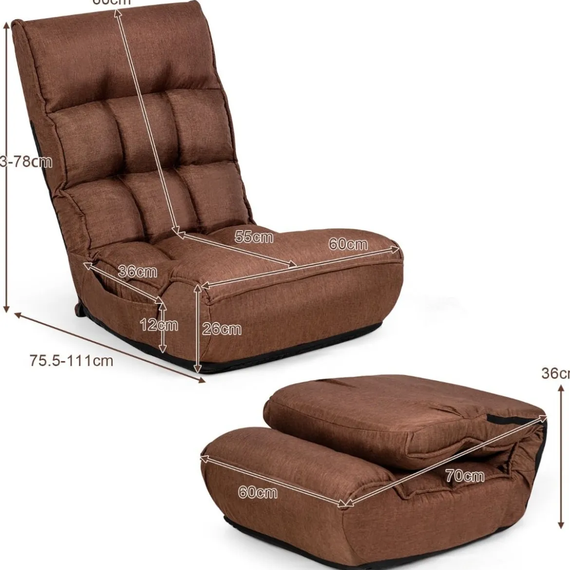 Boden-Klappstuhl 4-Fach Verstellbares Gaming-Bodensofa mitRückenlehne Kaffee