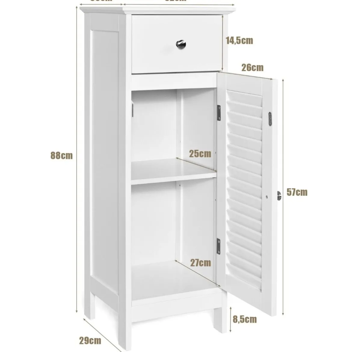 Bodenschrank Badezimmerschrank mit Schublade und Lamellentür 32 x 30 x 88 cm Weiß