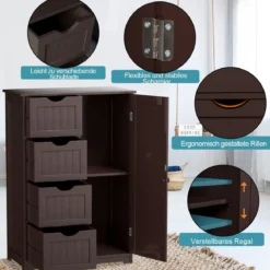 Bodenschrank für Badezimmer mit 4 Schubladen & 1 verstellbaren Regal Platzsparender Mehrzweckschrank Braun
