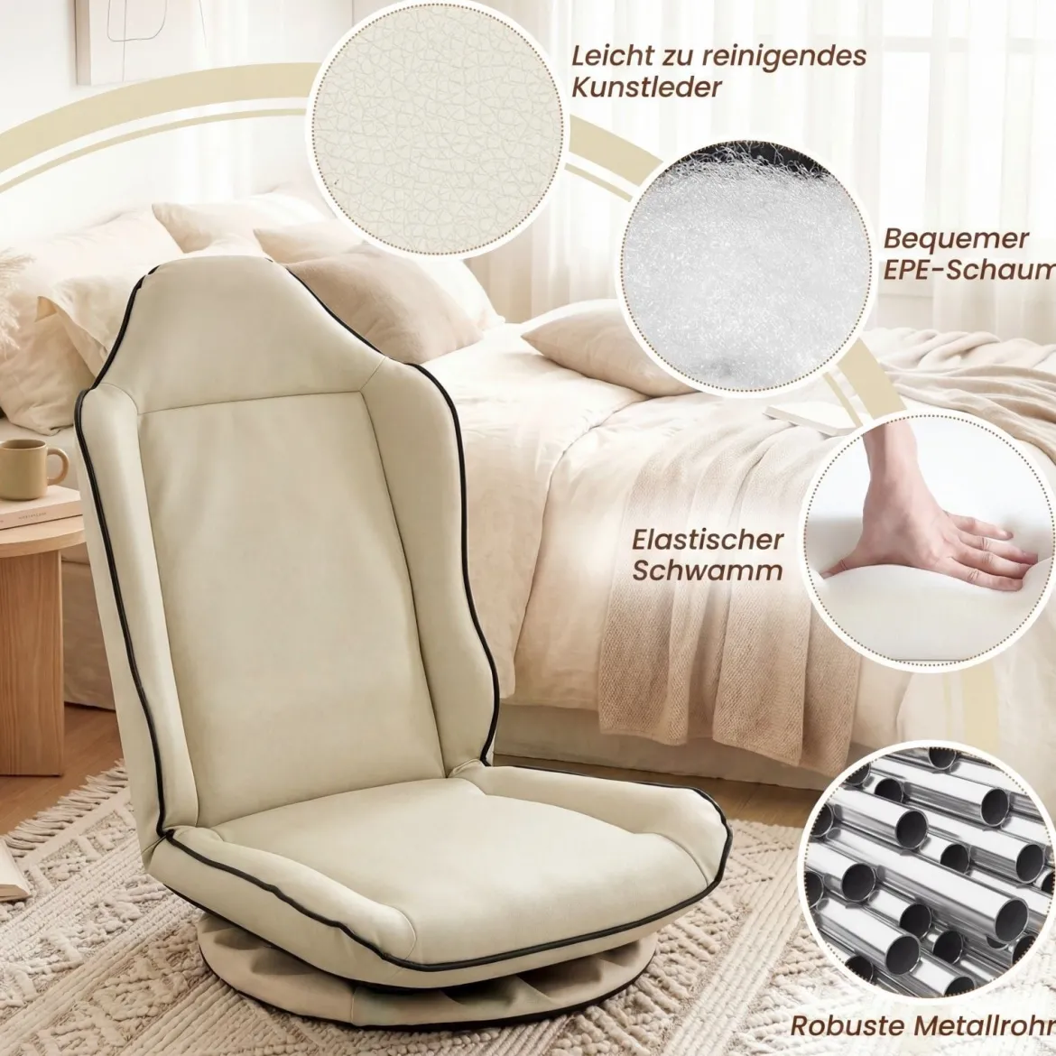 Bodensessel 360° Drehbar Klappbarer Bodenstuhl mit Verstellbarer Rückenlehne 59 x 56 x 77 cm Beige
