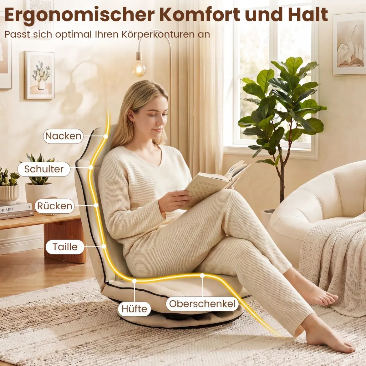 Bodensessel 360° Drehbar Klappbarer Bodenstuhl mit Verstellbarer Rückenlehne 59 x 56 x 77 cm Beige