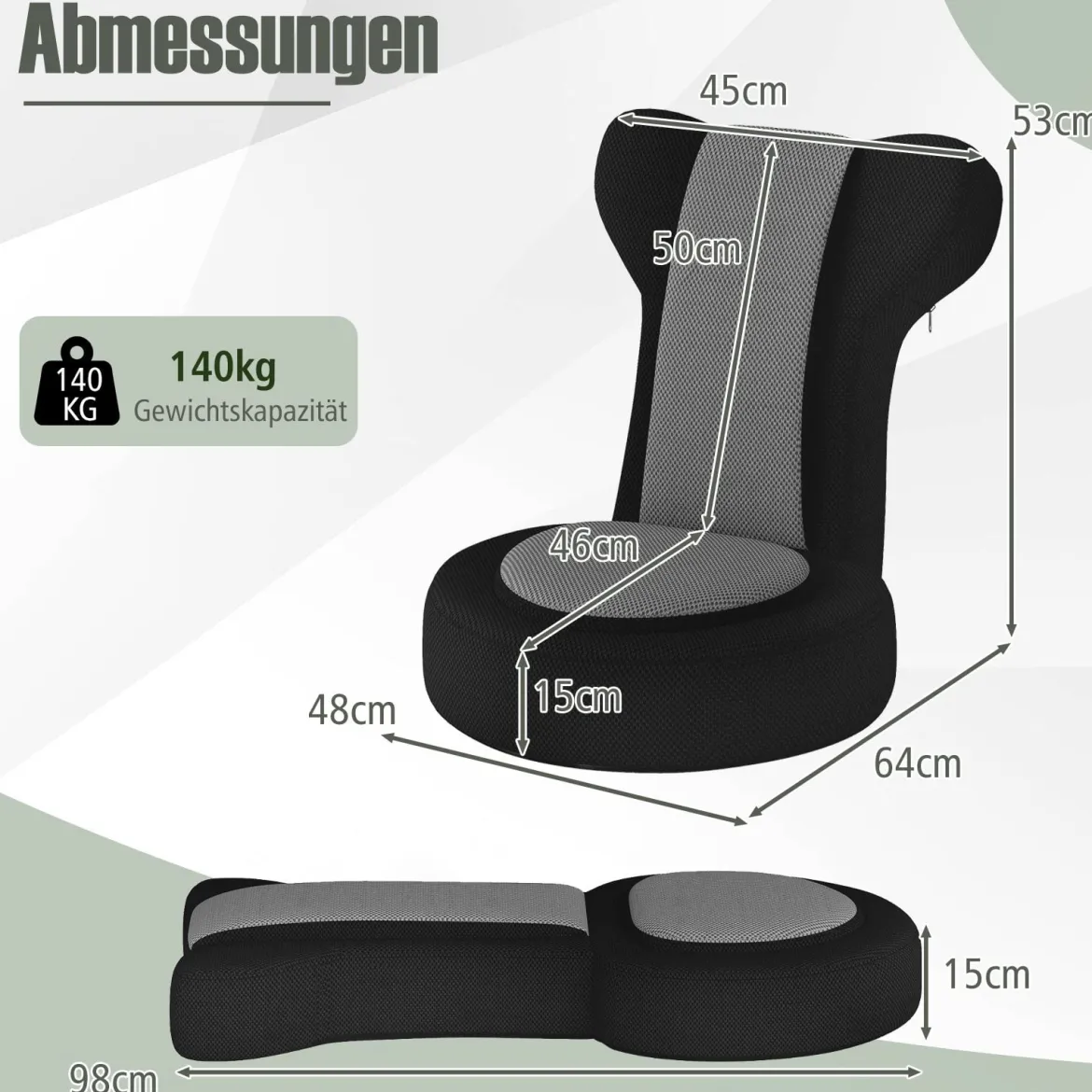 Bodensessel faules Sofasessel mit verstellbarer Kopf- & Rückenlehne schwammgepolsterte Sitzkissen Grau