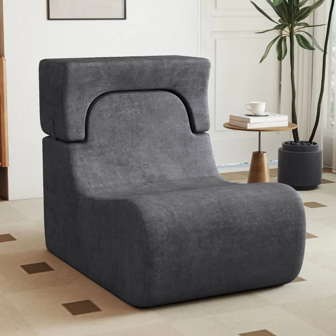 Bodensessel für Erwachsene Lazy Sofa mit abnehmbarem Kopfstütze waschbarer Eisveloursbezug Grau